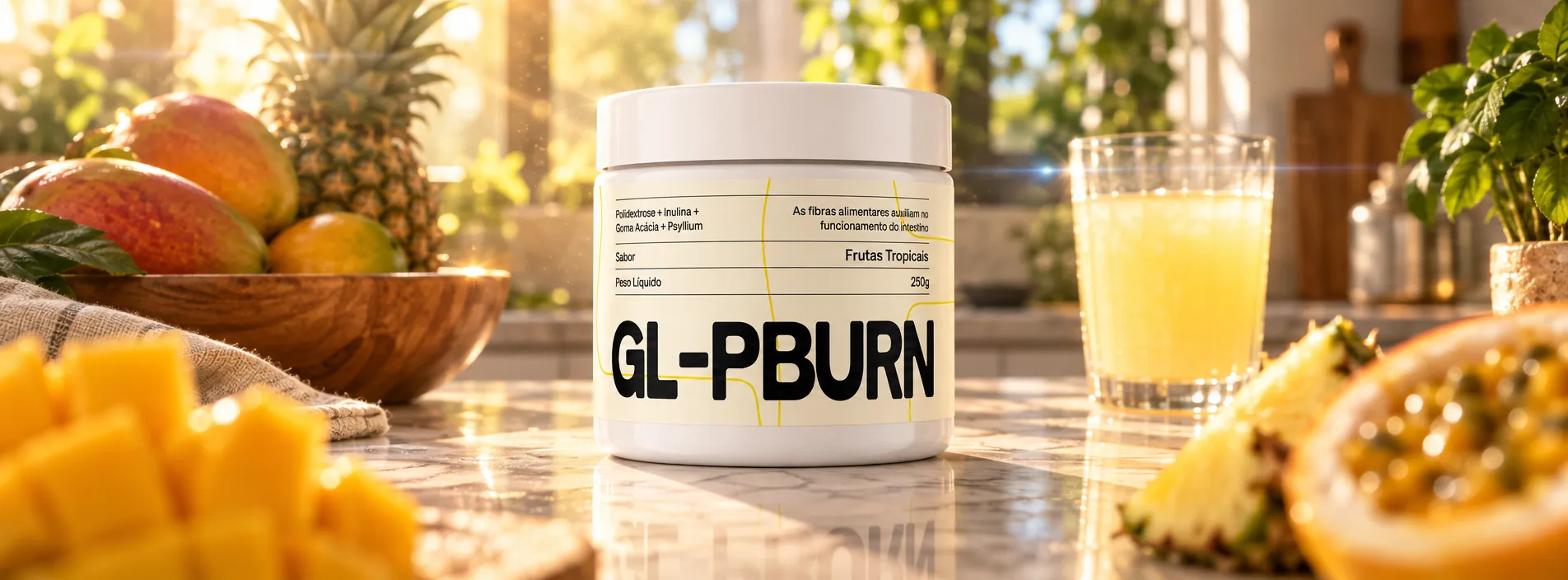 GLP Burn numa bancada de cozinha com manga, abacaxi e maracujá